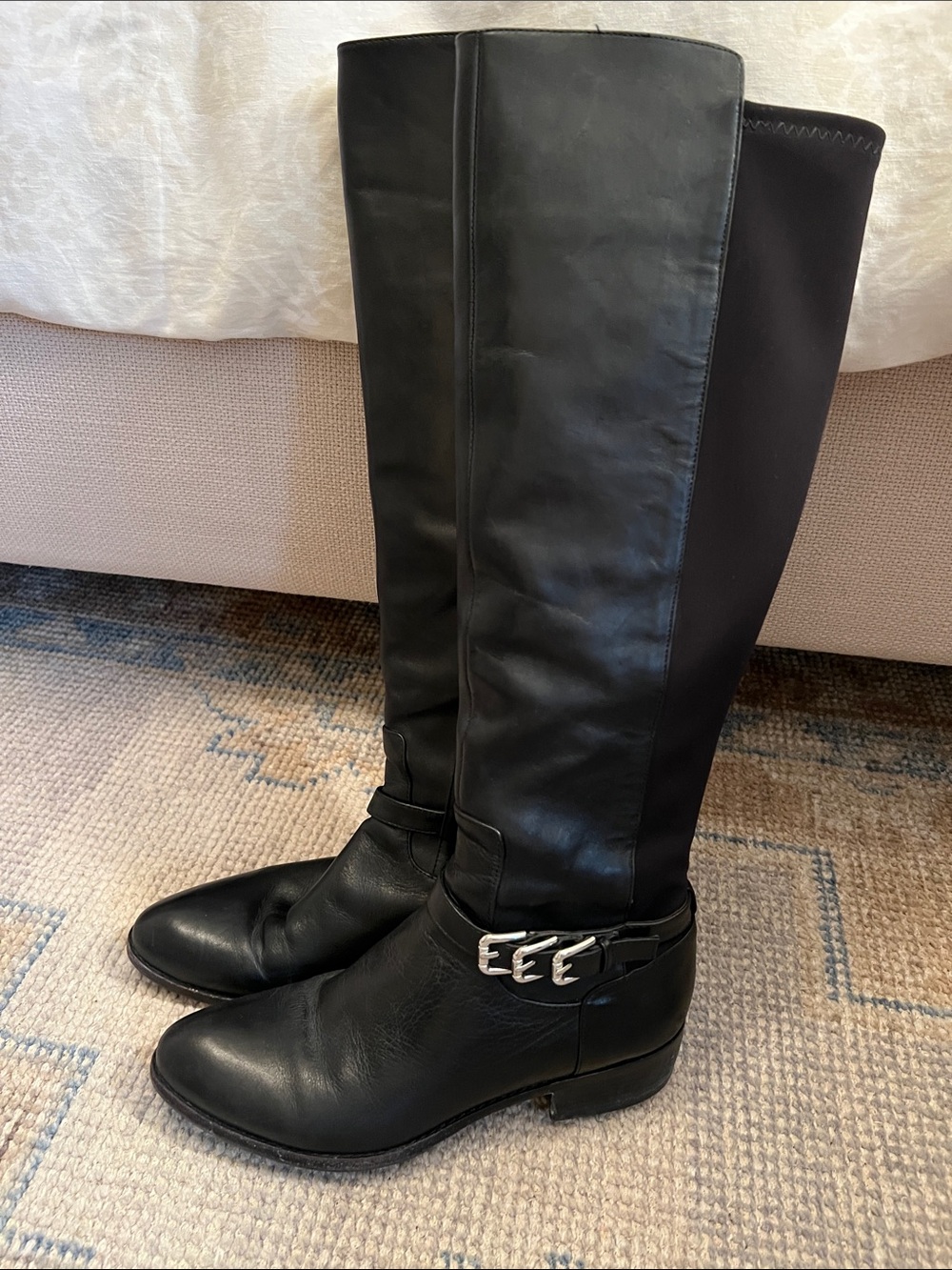 Donald J. Pliner Black Knee-High Leather Boots with Silver Buckle